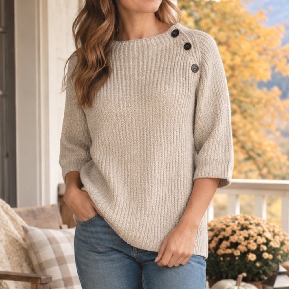 Sogi Womens Cotton Knit Button Shoulder Sweater Oatmeal Beige XS 3/4 Sleeve CR5